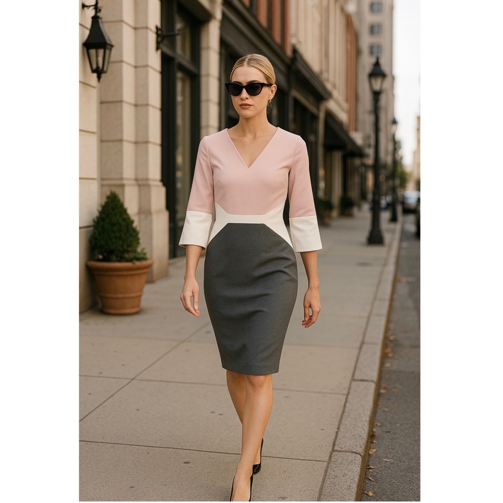 SACHIN + BABI 60s Mod Geometric‎ Colorblock V-Neck 3/4 Sleeve Shift Mini Dress 0